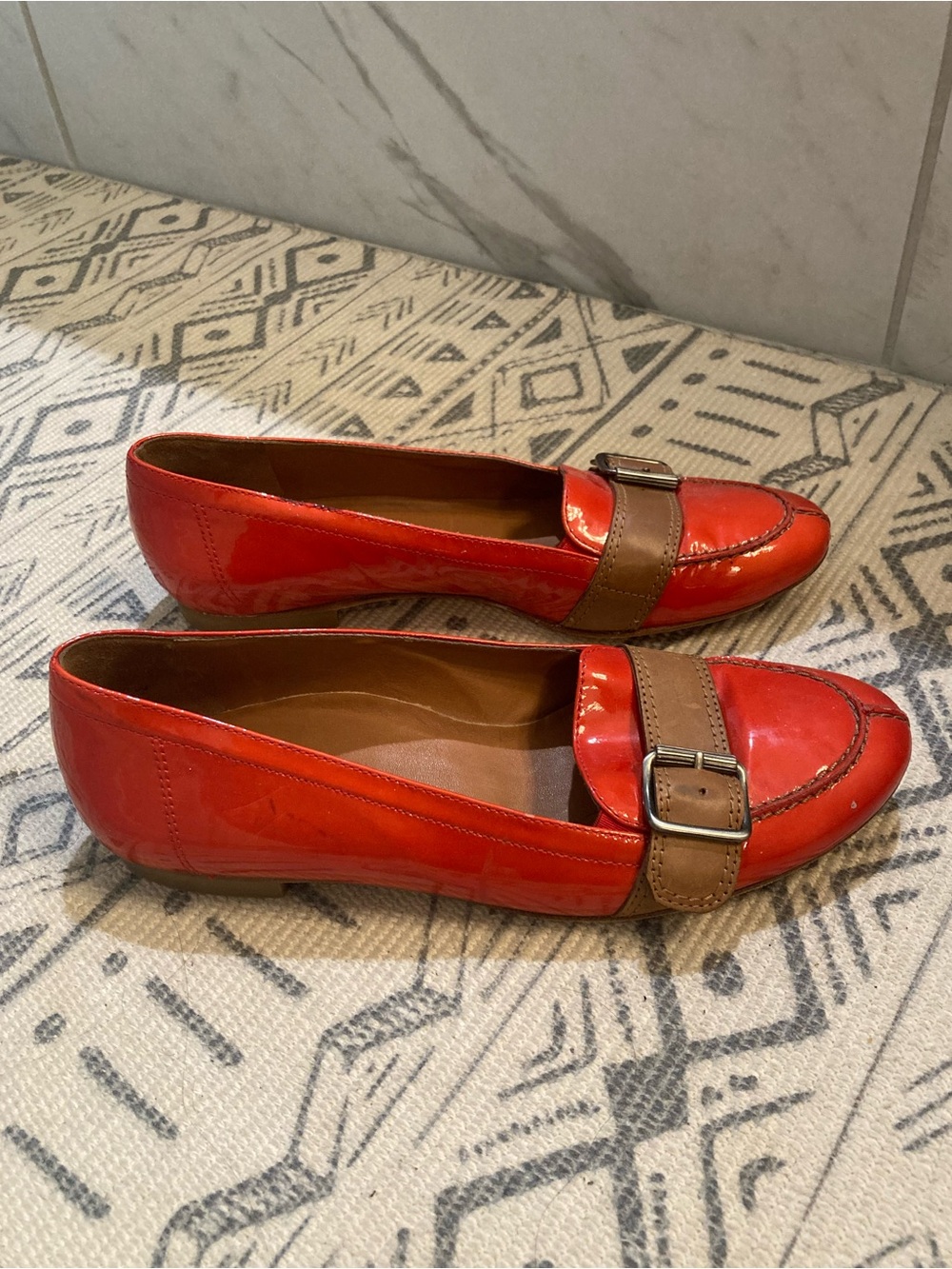Paul Green Red Patent Leather slip on loafers with brown leather buckle Size 5